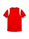 Manchester United 1984-86 home jersey, front view, red body, white sleeve panels with black and red trim, red white and black striped V-neck collar, Umbro diamond logo on sleeves, club crest, SHARP sponsor logo, striped ribbed cuffs