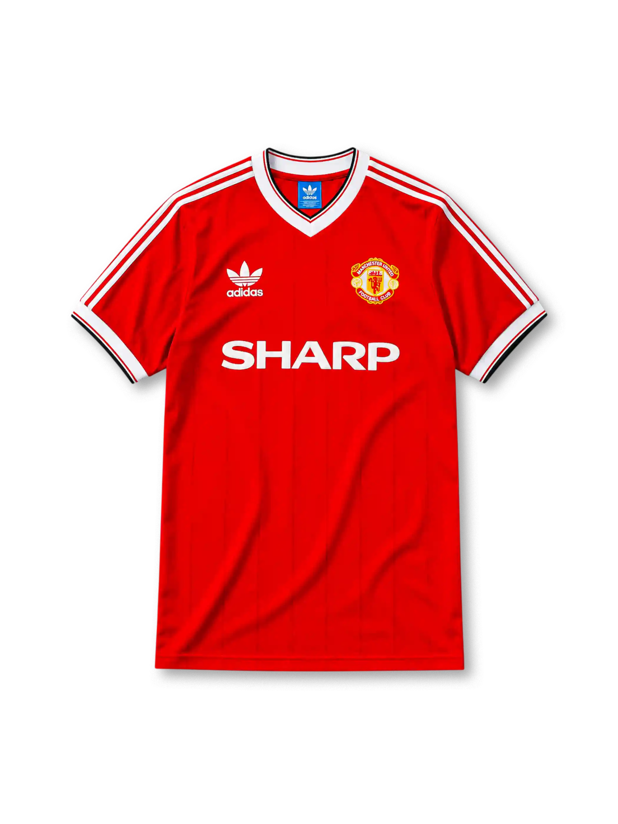 Manchester United 1984-85 home jersey, front view, red body, white V-neck collar with black trim, white adidas three-stripe shoulder detailing, adidas trefoil logo on chest, club crest, SHARP sponsor logo, striped ribbed cuffs