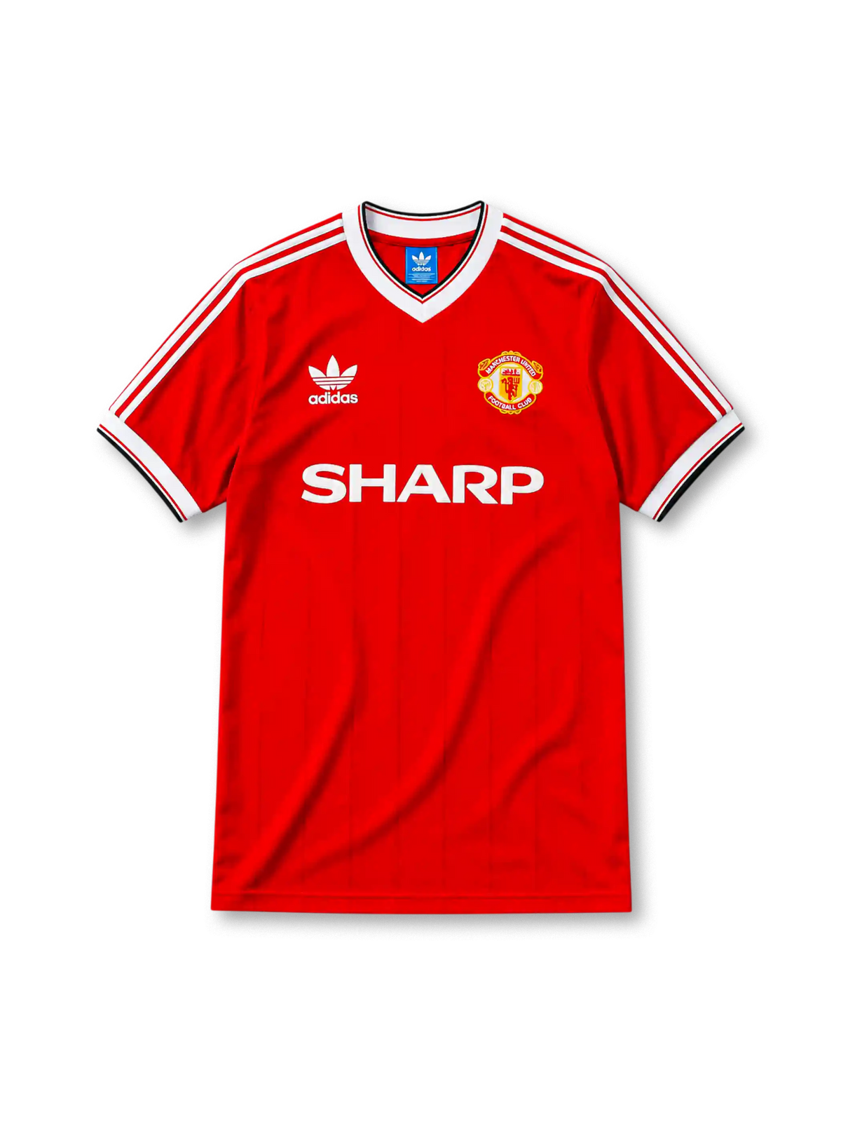 Manchester United 1984-85 home jersey, front view, red body, white V-neck collar with black trim, white adidas three-stripe shoulder detailing, adidas trefoil logo on chest, club crest, SHARP sponsor logo, striped ribbed cuffs