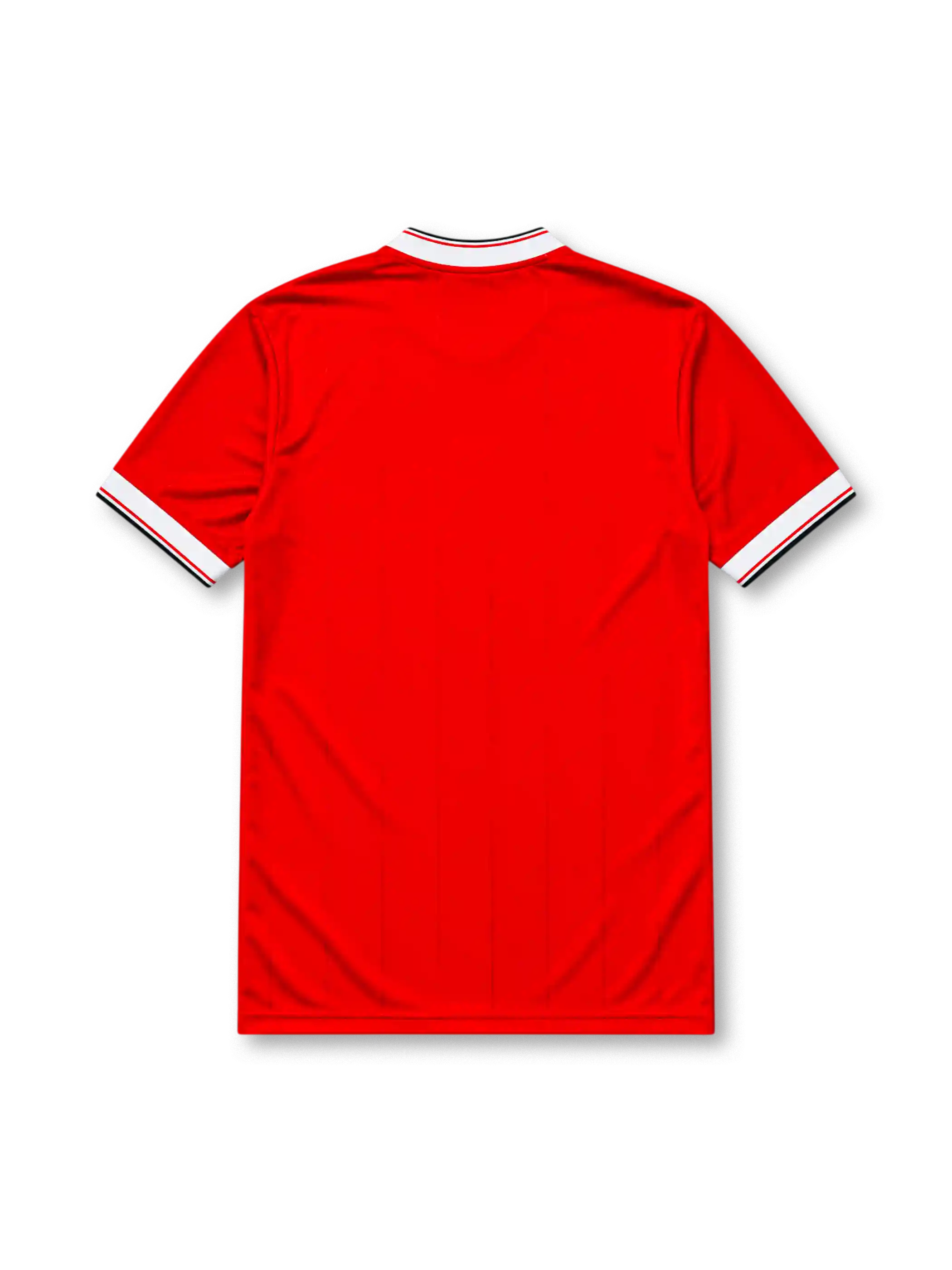 Manchester United 1984-85 home jersey, front view, red body, white V-neck collar with black trim, white adidas three-stripe shoulder detailing, adidas trefoil logo on chest, club crest, SHARP sponsor logo, striped ribbed cuffs