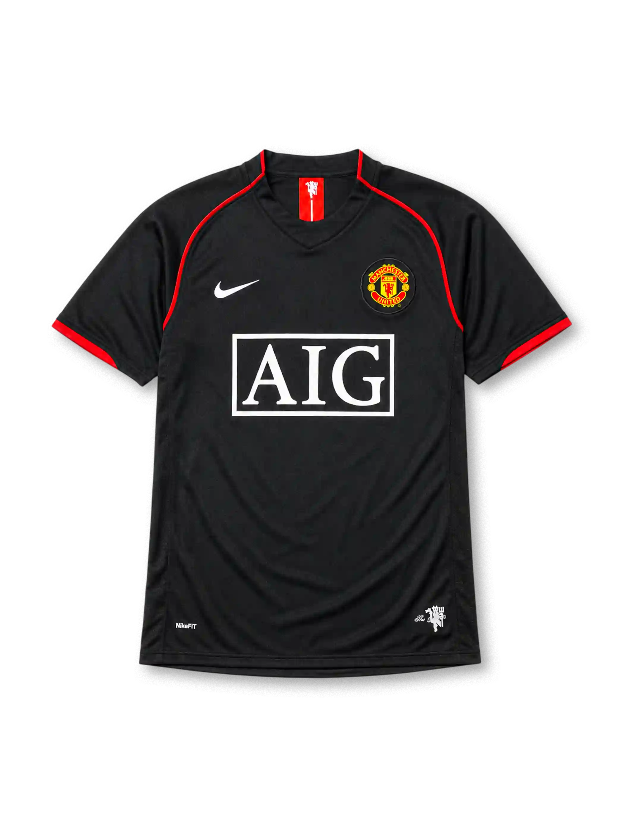 Manchester United 2007-08 away jersey, front view, black body with red piping, red and white striped collar tab, Nike swoosh logo, club crest, boxed AIG sponsor logo, red-trimmed cuffs