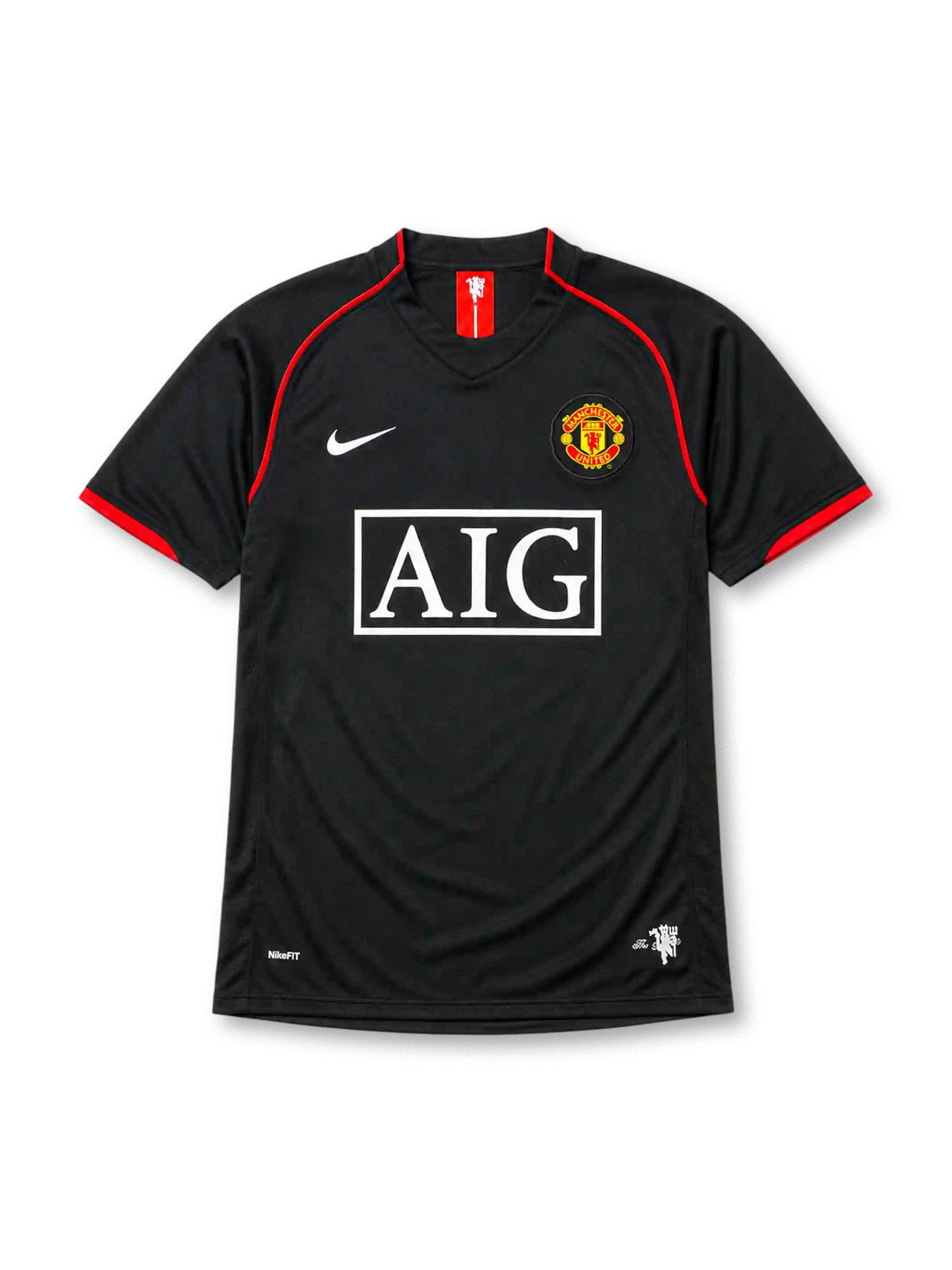 Manchester United 2007-08 away jersey, front view, black body with red piping, red and white striped collar tab, Nike swoosh logo, club crest, boxed AIG sponsor logo, red-trimmed cuffs