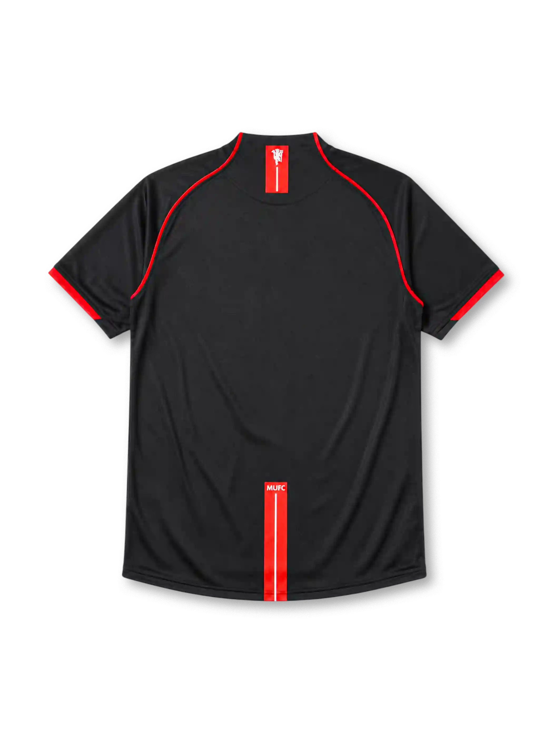 Manchester United 2007-08 away jersey, front view, black body with red piping, red and white striped collar tab, Nike swoosh logo, club crest, boxed AIG sponsor logo, red-trimmed cuffs