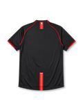 Manchester United 2007-08 away jersey, front view, black body with red piping, red and white striped collar tab, Nike swoosh logo, club crest, boxed AIG sponsor logo, red-trimmed cuffs