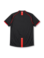 Manchester United 2007-08 away jersey, front view, black body with red piping, red and white striped collar tab, Nike swoosh logo, club crest, boxed AIG sponsor logo, red-trimmed cuffs