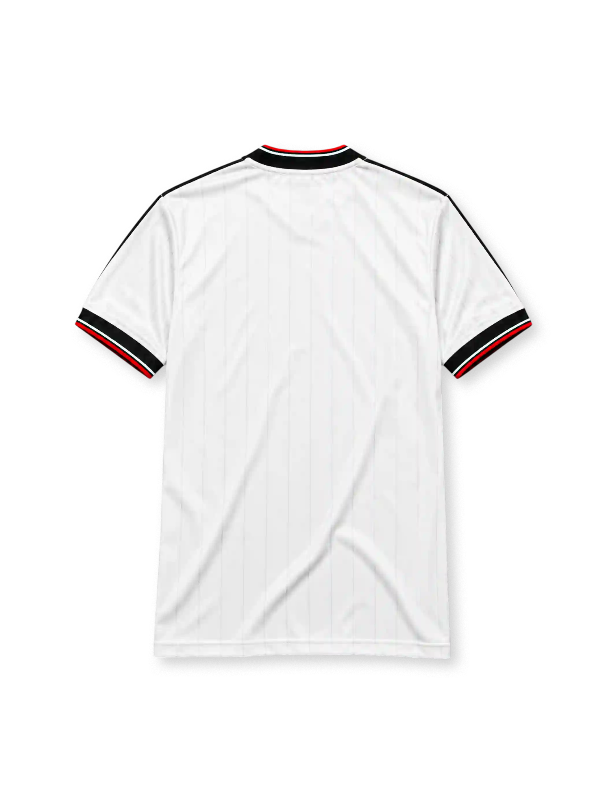 Manchester United 1993 FA Charity Shield away jersey, front view, white body with black pinstripes, black V-neck collar with red and white trim, adidas three-stripe shoulder panels, adidas trefoil logo, club crest with Charity Shield Wembley 1993 text, SHARP sponsor logo, striped ribbed cuffs