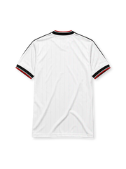 Manchester United 1993 FA Charity Shield away jersey, front view, white body with black pinstripes, black V-neck collar with red and white trim, adidas three-stripe shoulder panels, adidas trefoil logo, club crest with Charity Shield Wembley 1993 text, SHARP sponsor logo, striped ribbed cuffs