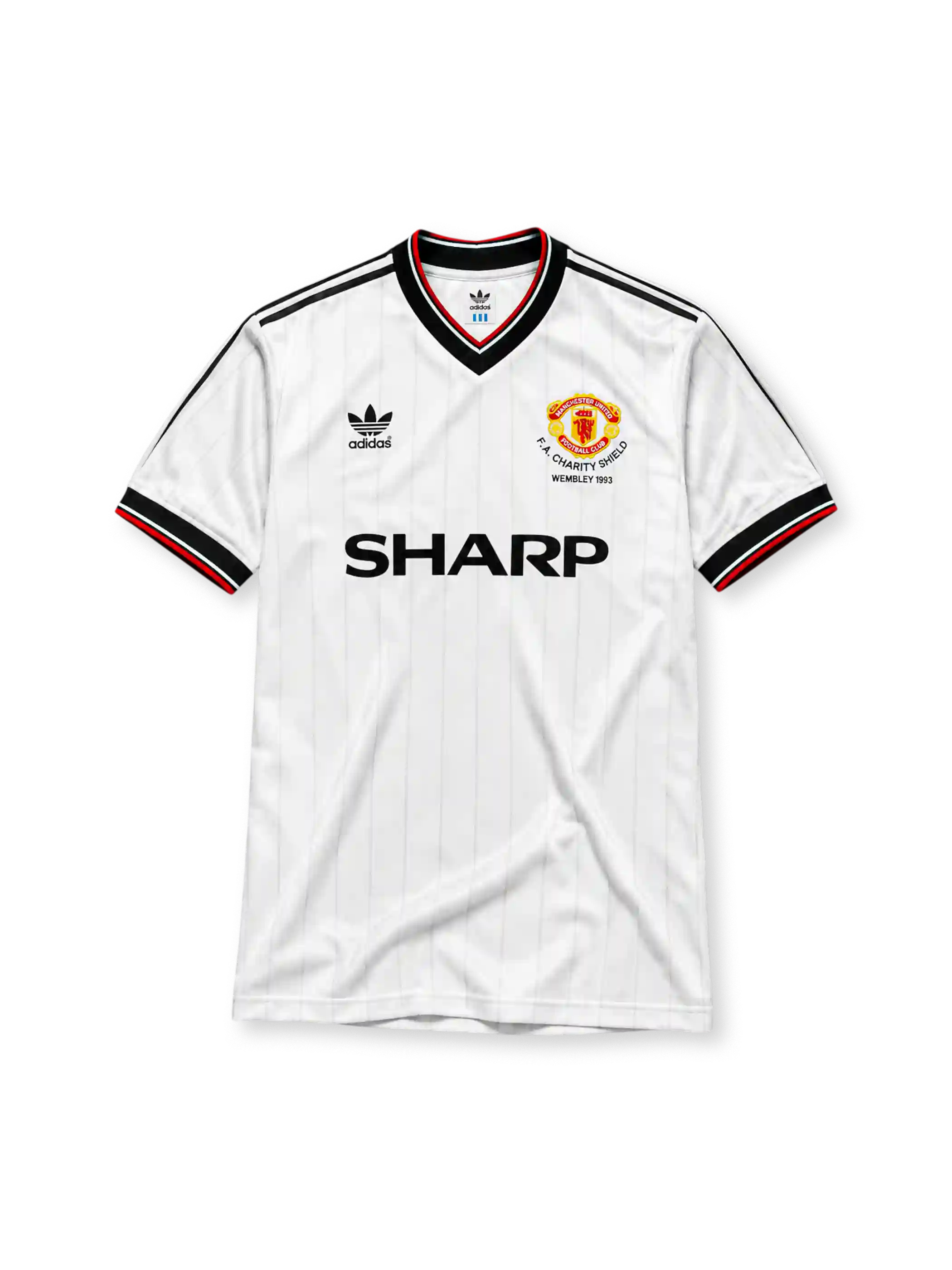 Manchester United 1993 FA Charity Shield away jersey, front view, white body with black pinstripes, black V-neck collar with red and white trim, adidas three-stripe shoulder panels, adidas trefoil logo, club crest with Charity Shield Wembley 1993 text, SHARP sponsor logo, striped ribbed cuffs
