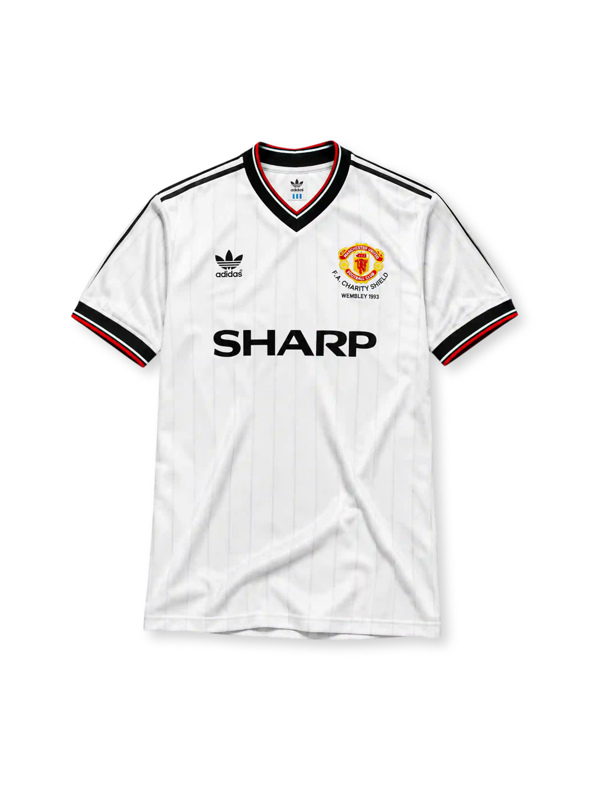 Manchester United 1993 FA Charity Shield away jersey, front view, white body with black pinstripes, black V-neck collar with red and white trim, adidas three-stripe shoulder panels, adidas trefoil logo, club crest with Charity Shield Wembley 1993 text, SHARP sponsor logo, striped ribbed cuffs
