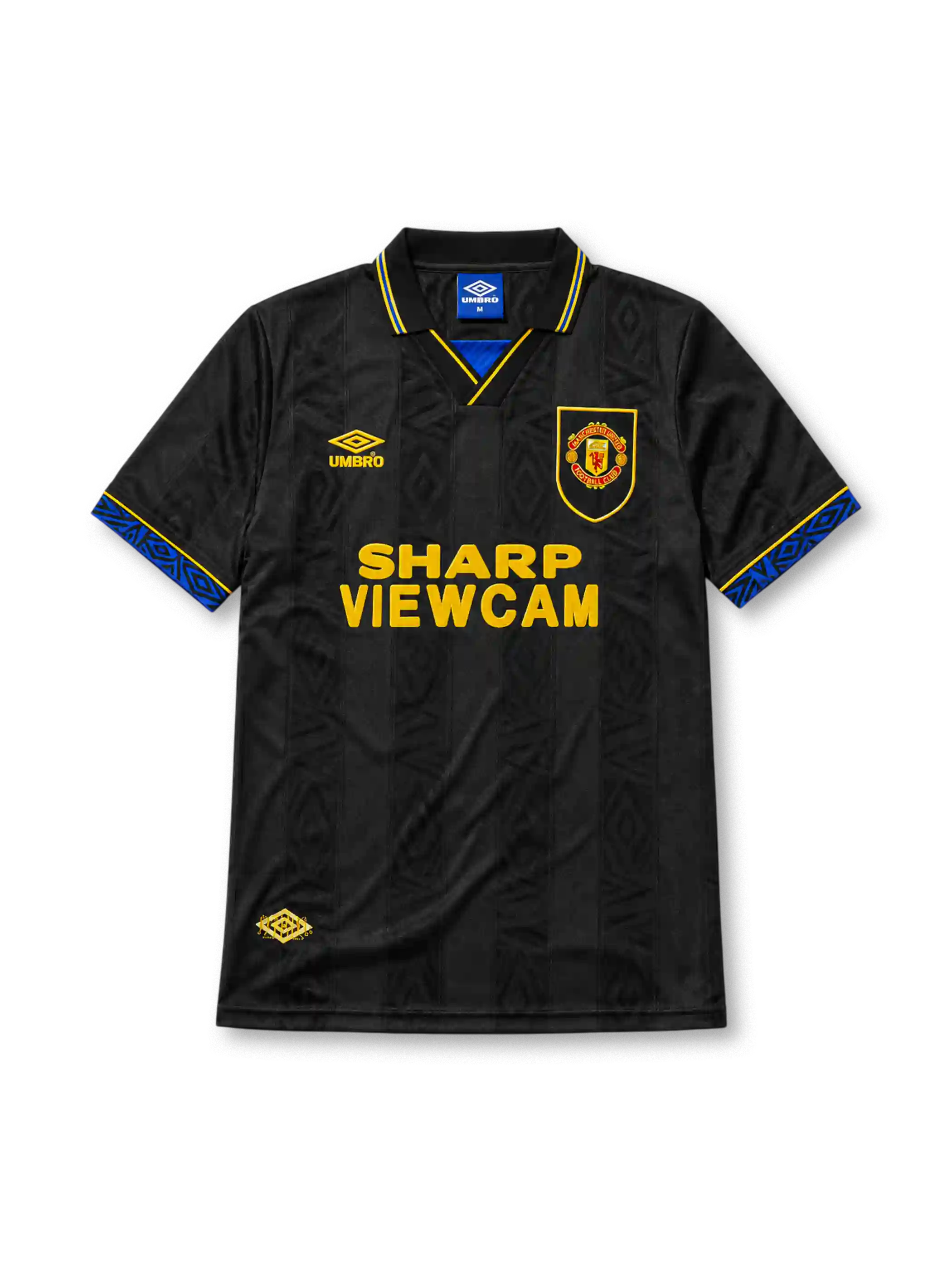 Manchester United 1993-94 away jersey, front view, black body with tonal diamond jacquard pattern, gold and blue striped collar, Umbro diamond logo, club crest, SHARP Viewcam sponsor logo, gold and blue diamond cuffs