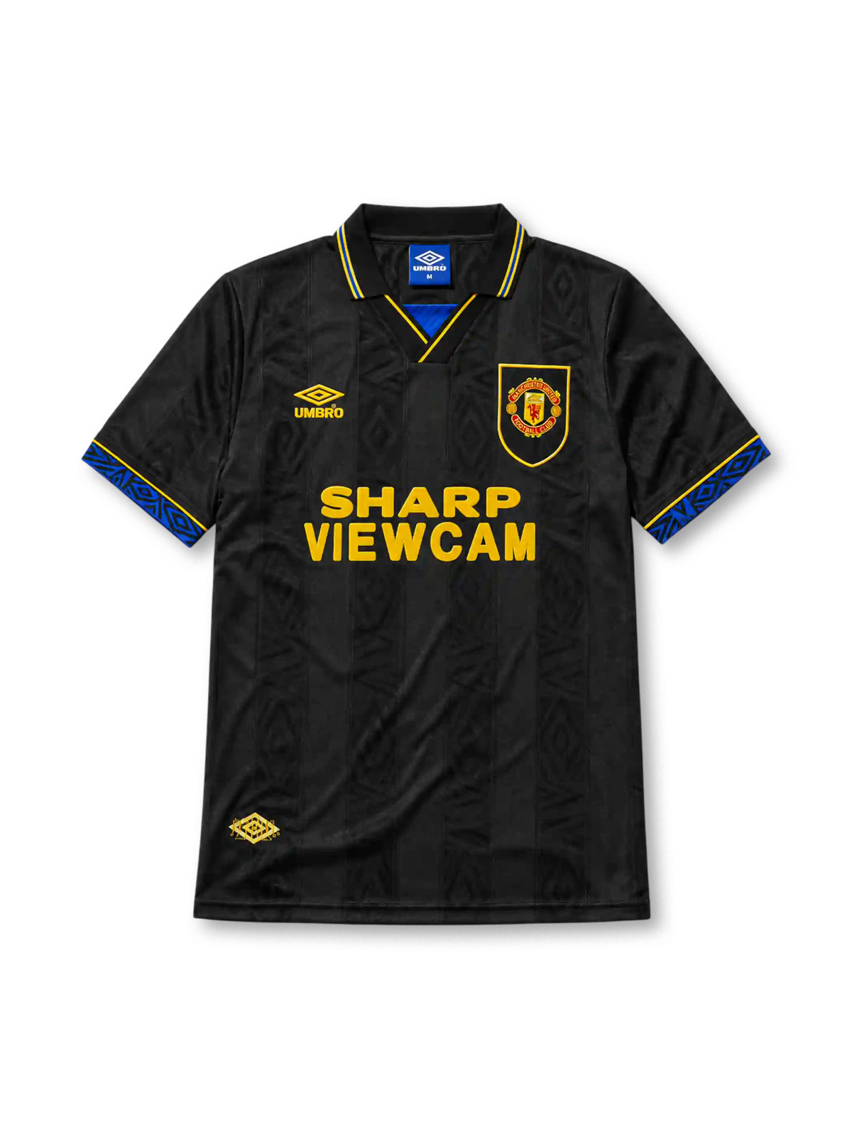 Manchester United 1993-94 away jersey, front view, black body with tonal diamond jacquard pattern, gold and blue striped collar, Umbro diamond logo, club crest, SHARP Viewcam sponsor logo, gold and blue diamond cuffs