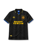 Manchester United 1993-94 away jersey, front view, black body with tonal diamond jacquard pattern, gold and blue striped collar, Umbro diamond logo, club crest, SHARP Viewcam sponsor logo, gold and blue diamond cuffs
