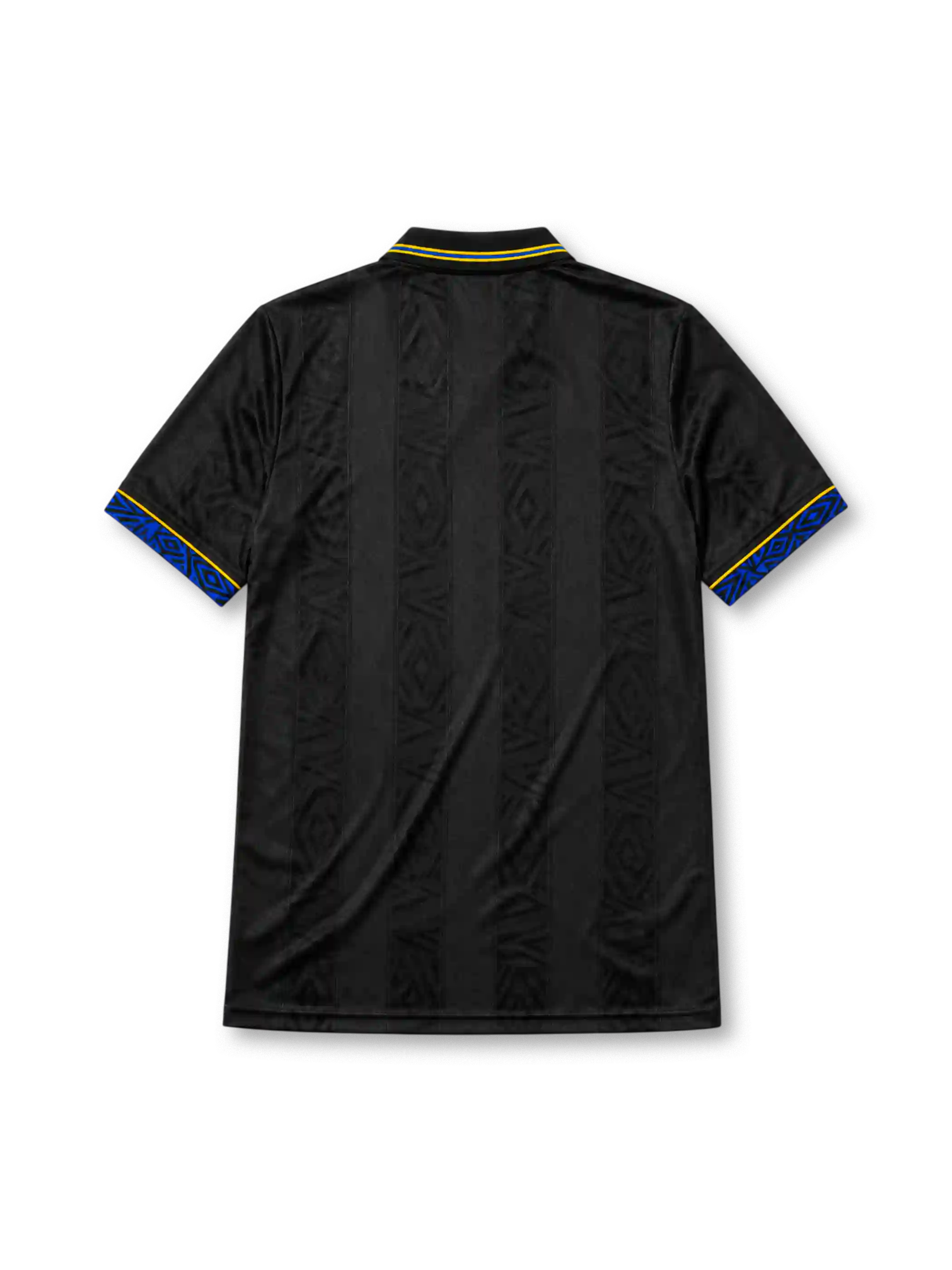 Manchester United 1993-94 away jersey, front view, black body with tonal diamond jacquard pattern, gold and blue striped collar, Umbro diamond logo, club crest, SHARP Viewcam sponsor logo, gold and blue diamond cuffs