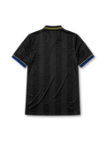 Manchester United 1993-94 away jersey, front view, black body with tonal diamond jacquard pattern, gold and blue striped collar, Umbro diamond logo, club crest, SHARP Viewcam sponsor logo, gold and blue diamond cuffs