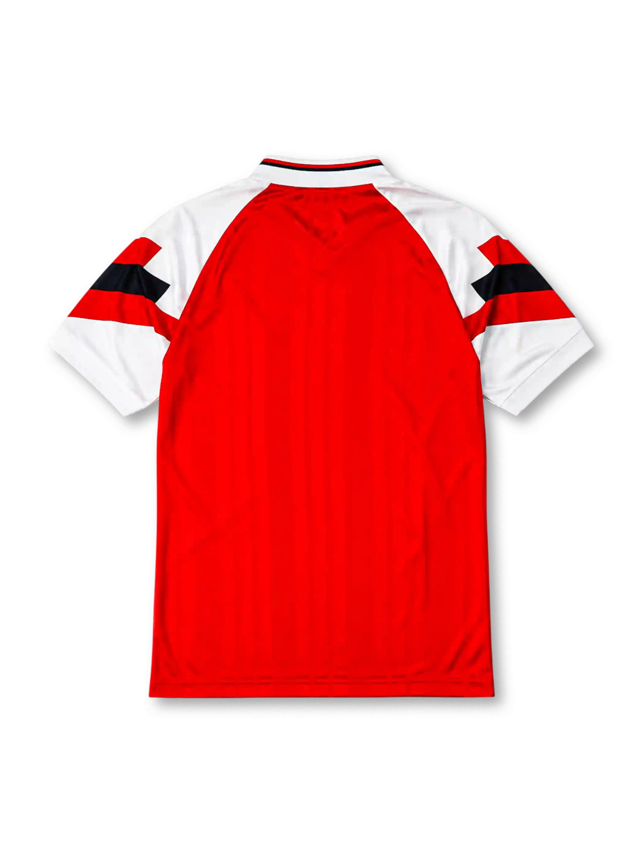 Arsenal 1992-93 home jersey, front view, red body, white raglan sleeves with black and red geometric panels, white V-neck collar with black and red trim, adidas Equipment wordmark, club cannon crest, JVC sponsor logo, white ribbed cuffs