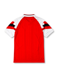 Arsenal 1992-93 home jersey, front view, red body, white raglan sleeves with black and red geometric panels, white V-neck collar with black and red trim, adidas Equipment wordmark, club cannon crest, JVC sponsor logo, white ribbed cuffs