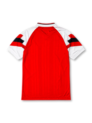 Arsenal 1992-93 home jersey, front view, red body, white raglan sleeves with black and red geometric panels, white V-neck collar with black and red trim, adidas Equipment wordmark, club cannon crest, JVC sponsor logo, white ribbed cuffs