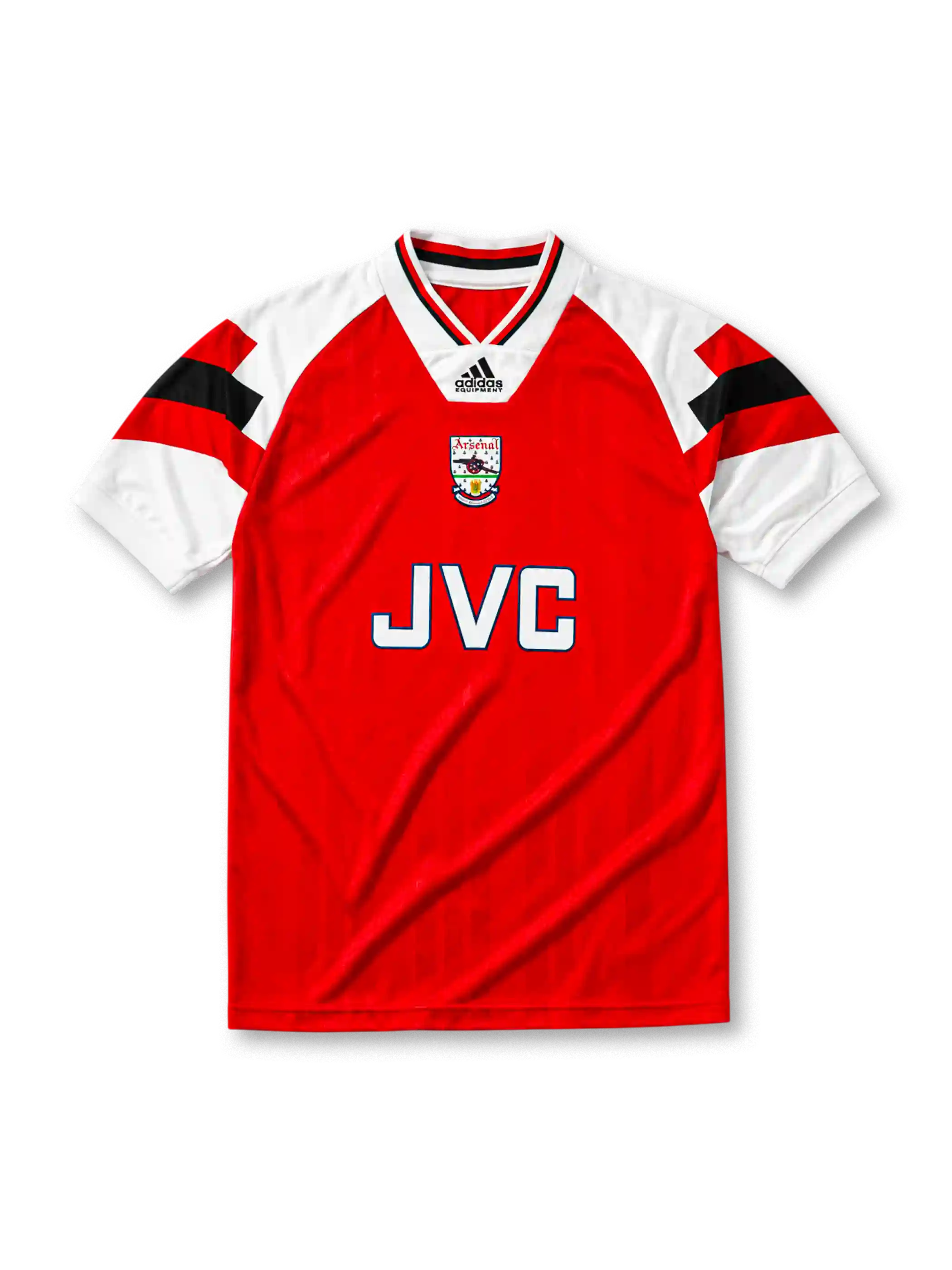 Arsenal 1992-93 home jersey, front view, red body, white raglan sleeves with black and red geometric panels, white V-neck collar with black and red trim, adidas Equipment wordmark, club cannon crest, JVC sponsor logo, white ribbed cuffs