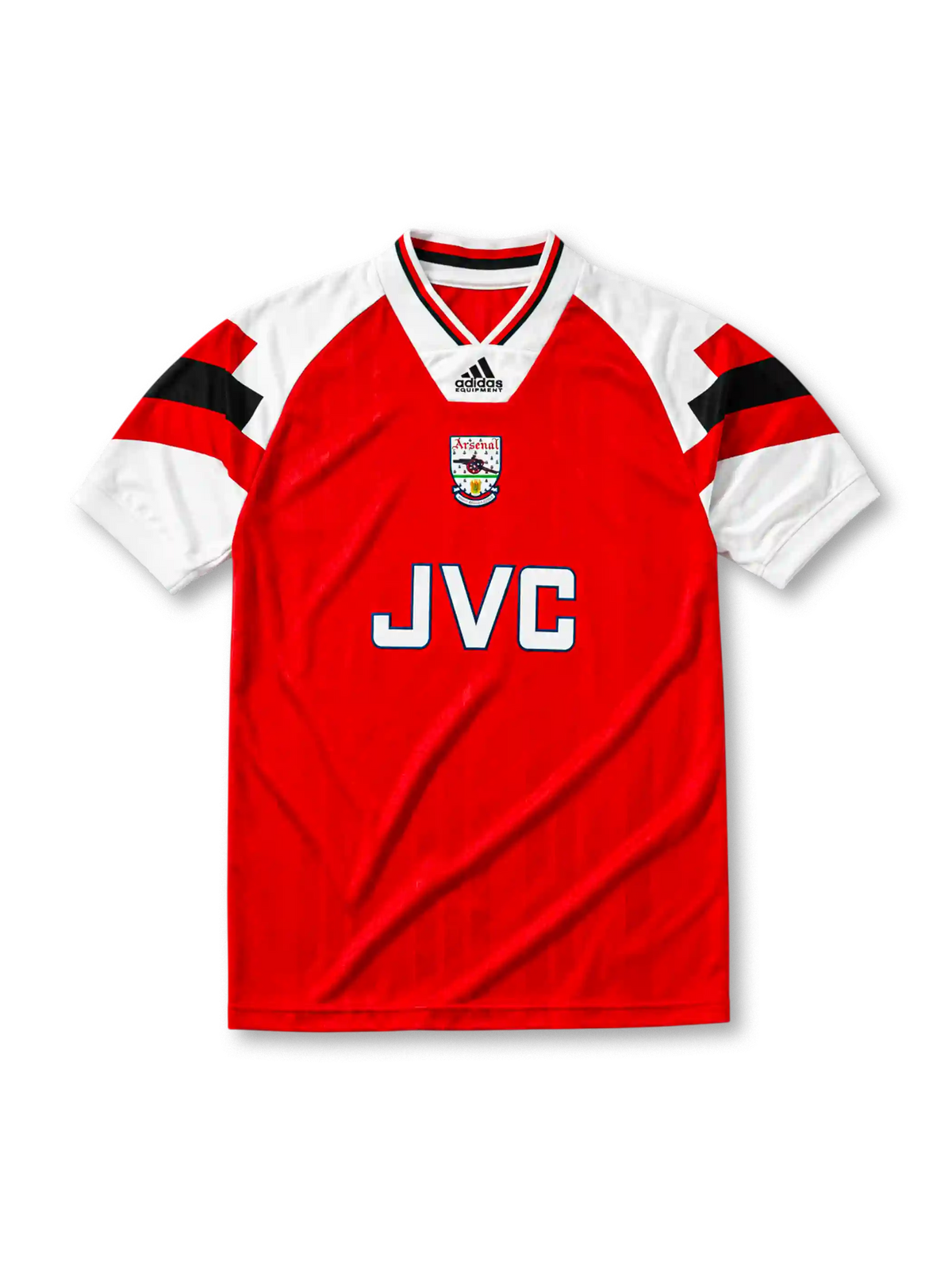 Arsenal 1992-93 home jersey, front view, red body, white raglan sleeves with black and red geometric panels, white V-neck collar with black and red trim, adidas Equipment wordmark, club cannon crest, JVC sponsor logo, white ribbed cuffs