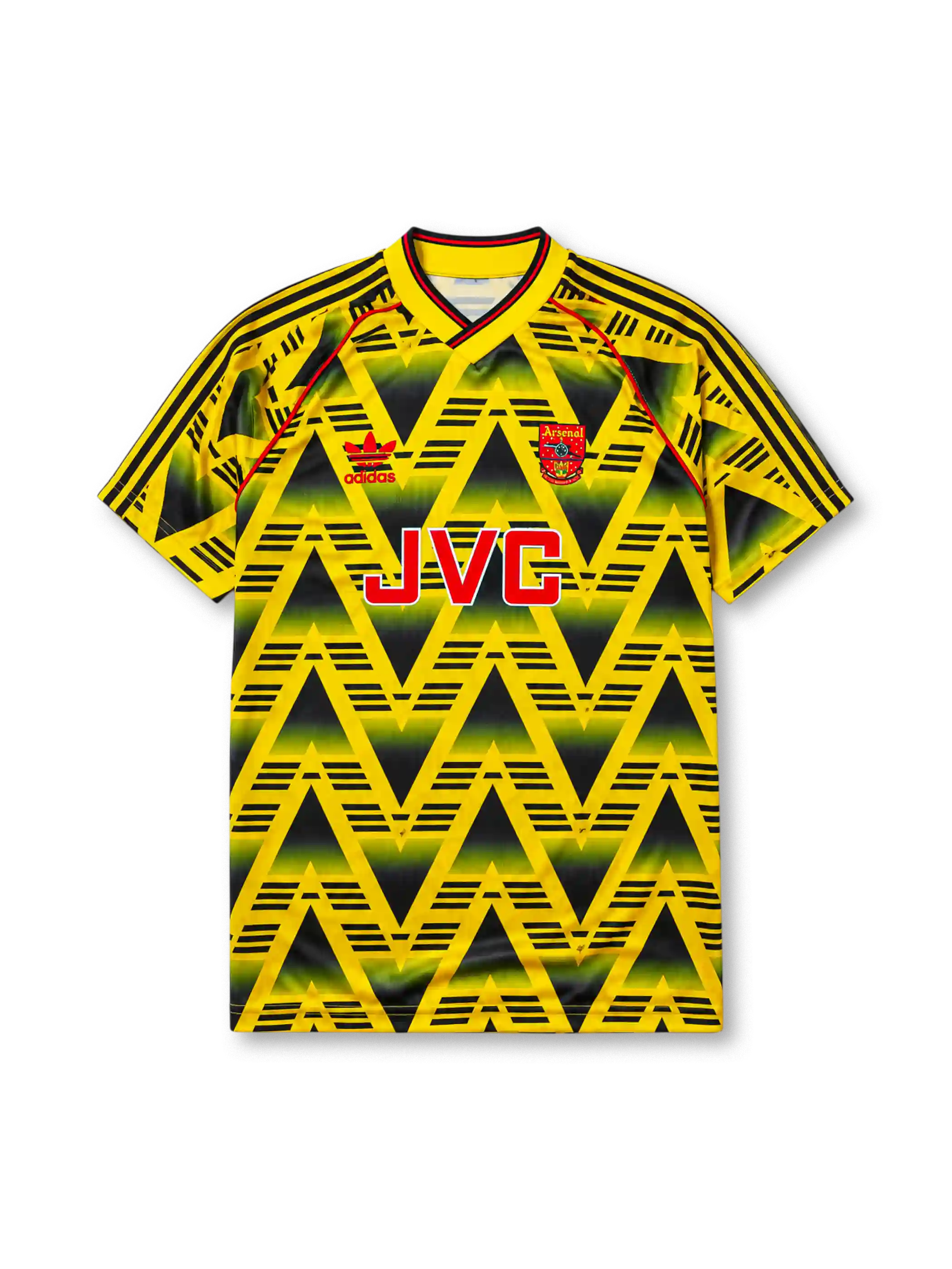 Arsenal 1991-93 away jersey, front view, yellow body with black gradient zigzag pattern, yellow V-neck collar with black and red trim, red piping, adidas trefoil logo, club cannon crest, JVC sponsor logo, striped sleeve trim