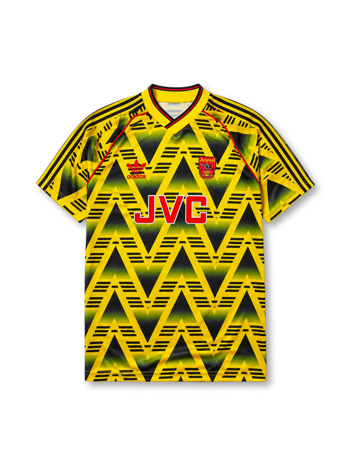 Arsenal 1991-93 away jersey, front view, yellow body with black gradient zigzag pattern, yellow V-neck collar with black and red trim, red piping, adidas trefoil logo, club cannon crest, JVC sponsor logo, striped sleeve trim