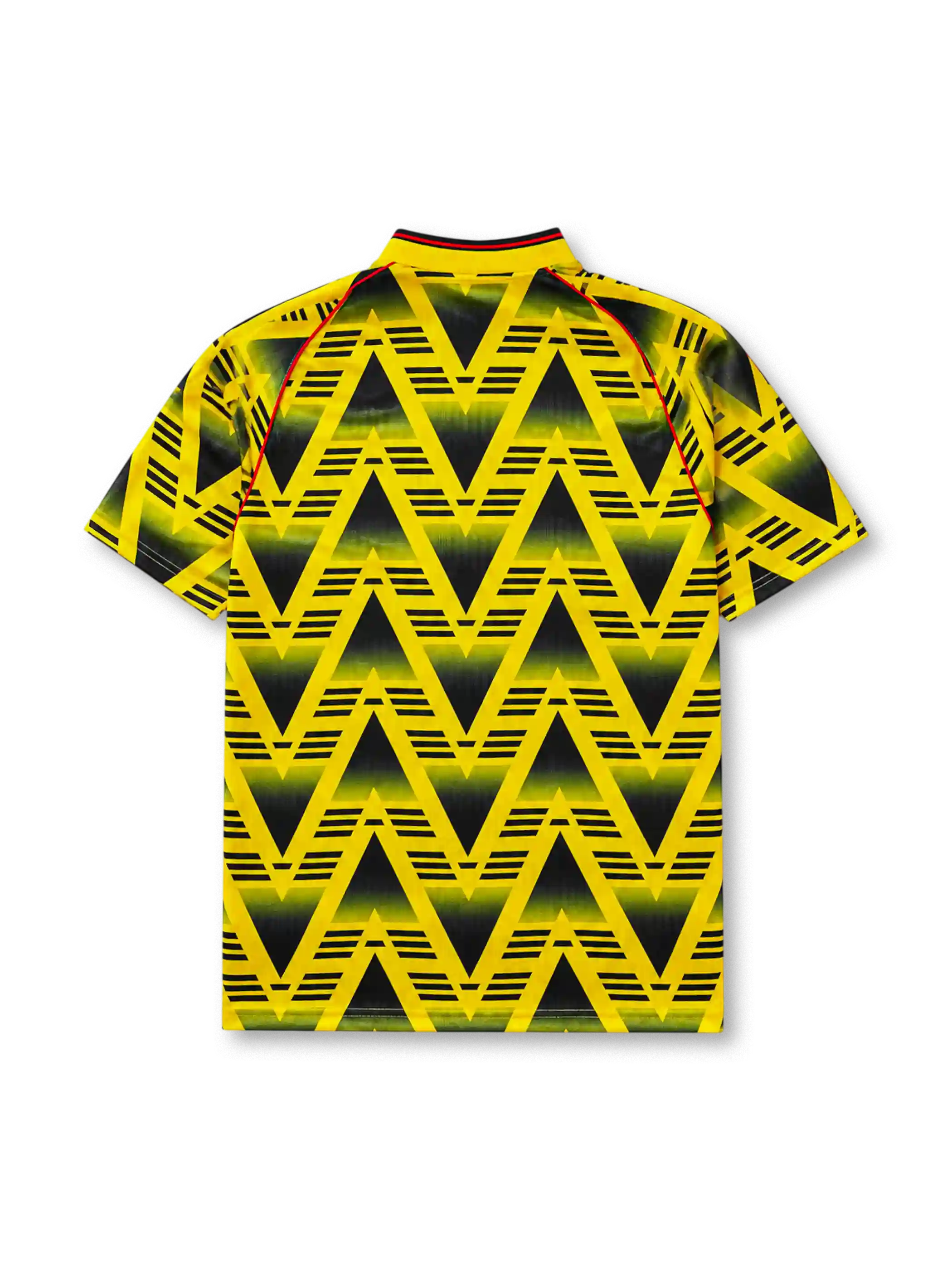 Arsenal 1991-93 away jersey, front view, yellow body with black gradient zigzag pattern, yellow V-neck collar with black and red trim, red piping, adidas trefoil logo, club cannon crest, JVC sponsor logo, striped sleeve trim