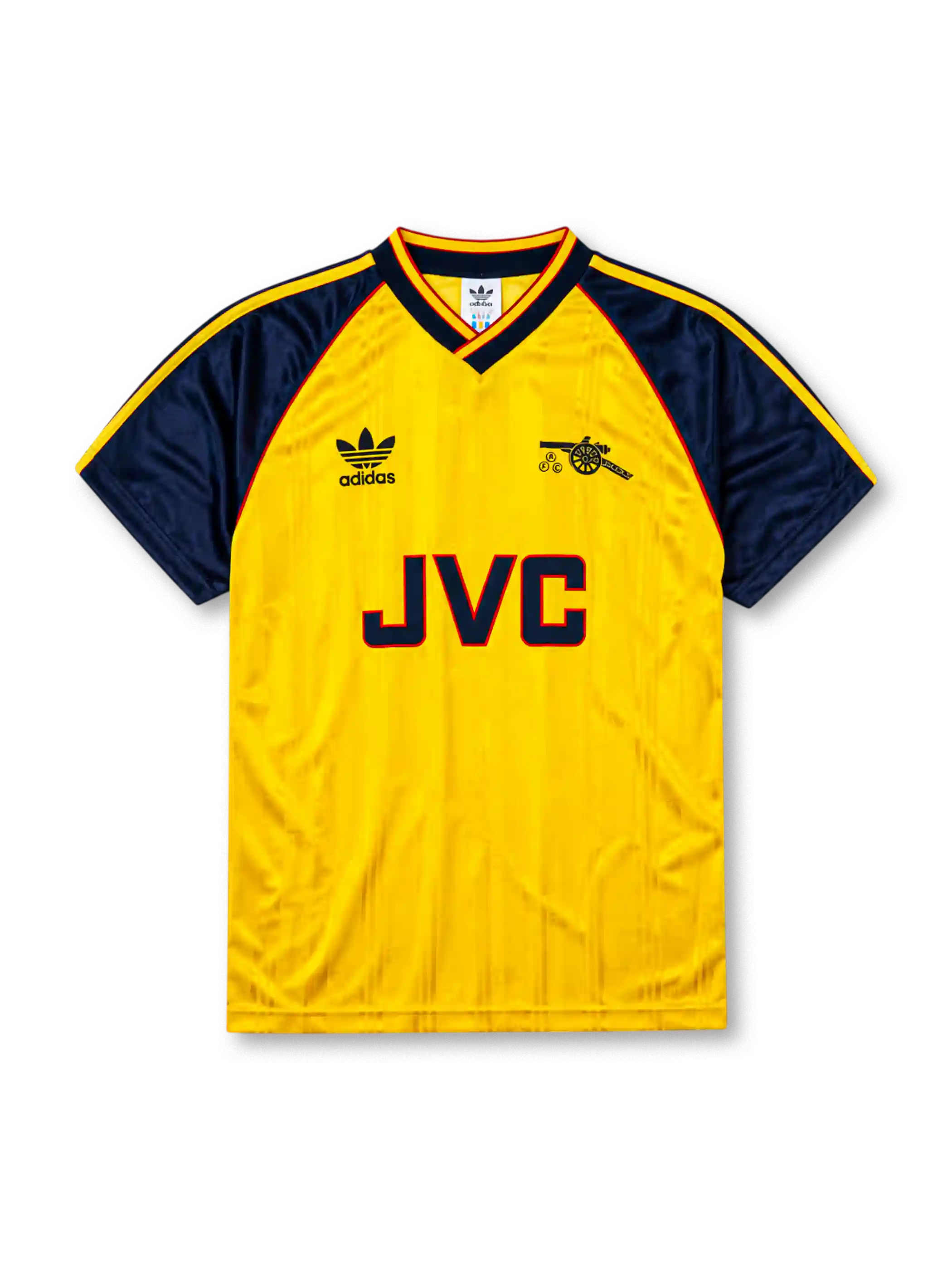 Arsenal 1988-90 away jersey, front view, yellow body with navy raglan sleeves, yellow V-neck collar with navy and red trim, adidas trefoil logo, club cannon crest, JVC sponsor logo, navy sleeve cuffs