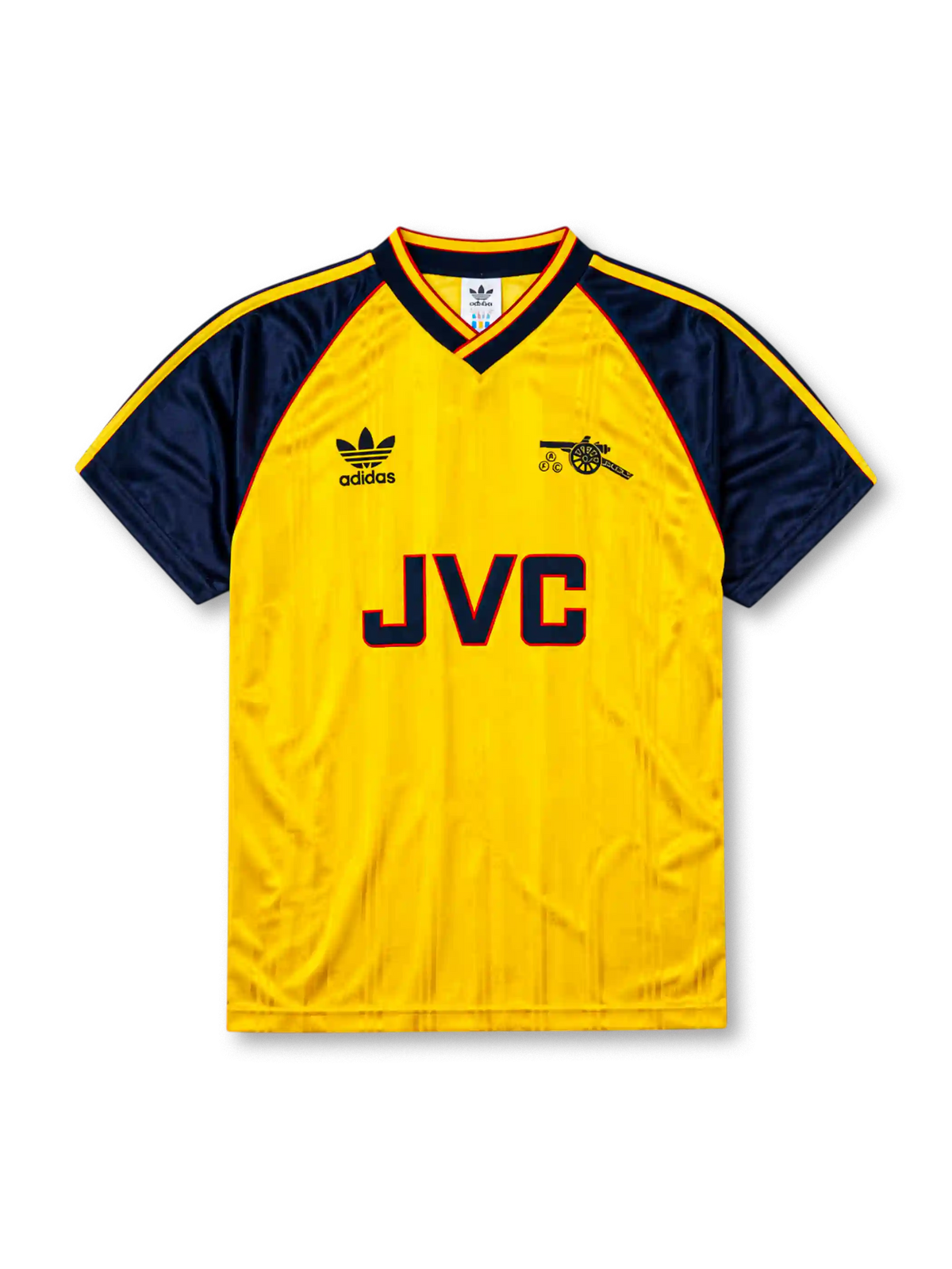Arsenal 1988-90 away jersey, front view, yellow body with navy raglan sleeves, yellow V-neck collar with navy and red trim, adidas trefoil logo, club cannon crest, JVC sponsor logo, navy sleeve cuffs