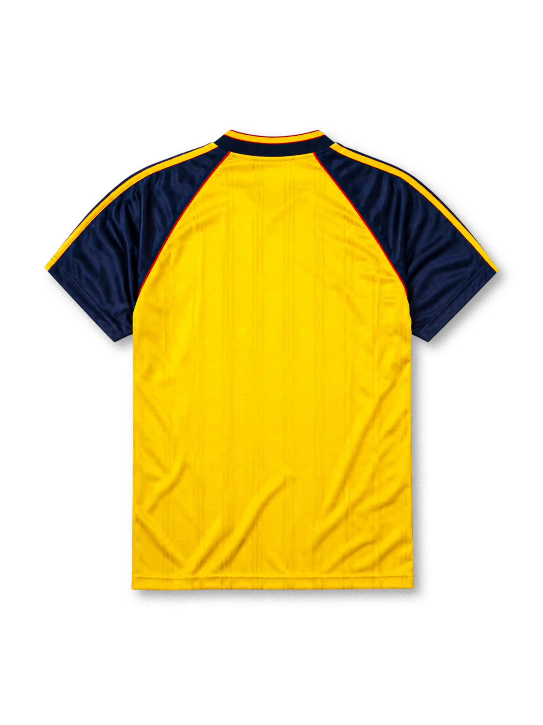 Arsenal 1988-90 away jersey, front view, yellow body with navy raglan sleeves, yellow V-neck collar with navy and red trim, adidas trefoil logo, club cannon crest, JVC sponsor logo, navy sleeve cuffs