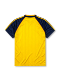 Arsenal 1988-90 away jersey, front view, yellow body with navy raglan sleeves, yellow V-neck collar with navy and red trim, adidas trefoil logo, club cannon crest, JVC sponsor logo, navy sleeve cuffs