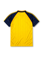 Arsenal 1988-90 away jersey, front view, yellow body with navy raglan sleeves, yellow V-neck collar with navy and red trim, adidas trefoil logo, club cannon crest, JVC sponsor logo, navy sleeve cuffs