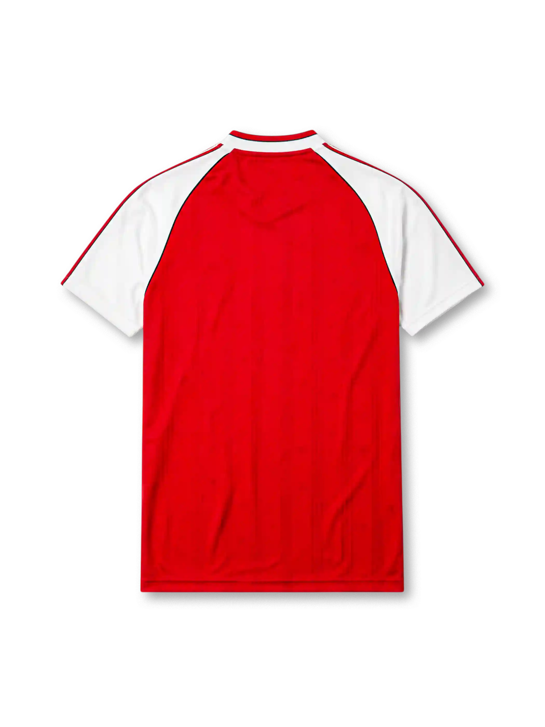 Arsenal 1988-90 home jersey, front view, red body with white raglan sleeves, adidas three-stripe sleeve trim, white V-neck collar with black inner trim, adidas trefoil logo, club cannon crest, JVC sponsor logo, striped cuffs