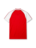 Arsenal 1988-90 home jersey, front view, red body with white raglan sleeves, adidas three-stripe sleeve trim, white V-neck collar with black inner trim, adidas trefoil logo, club cannon crest, JVC sponsor logo, striped cuffs