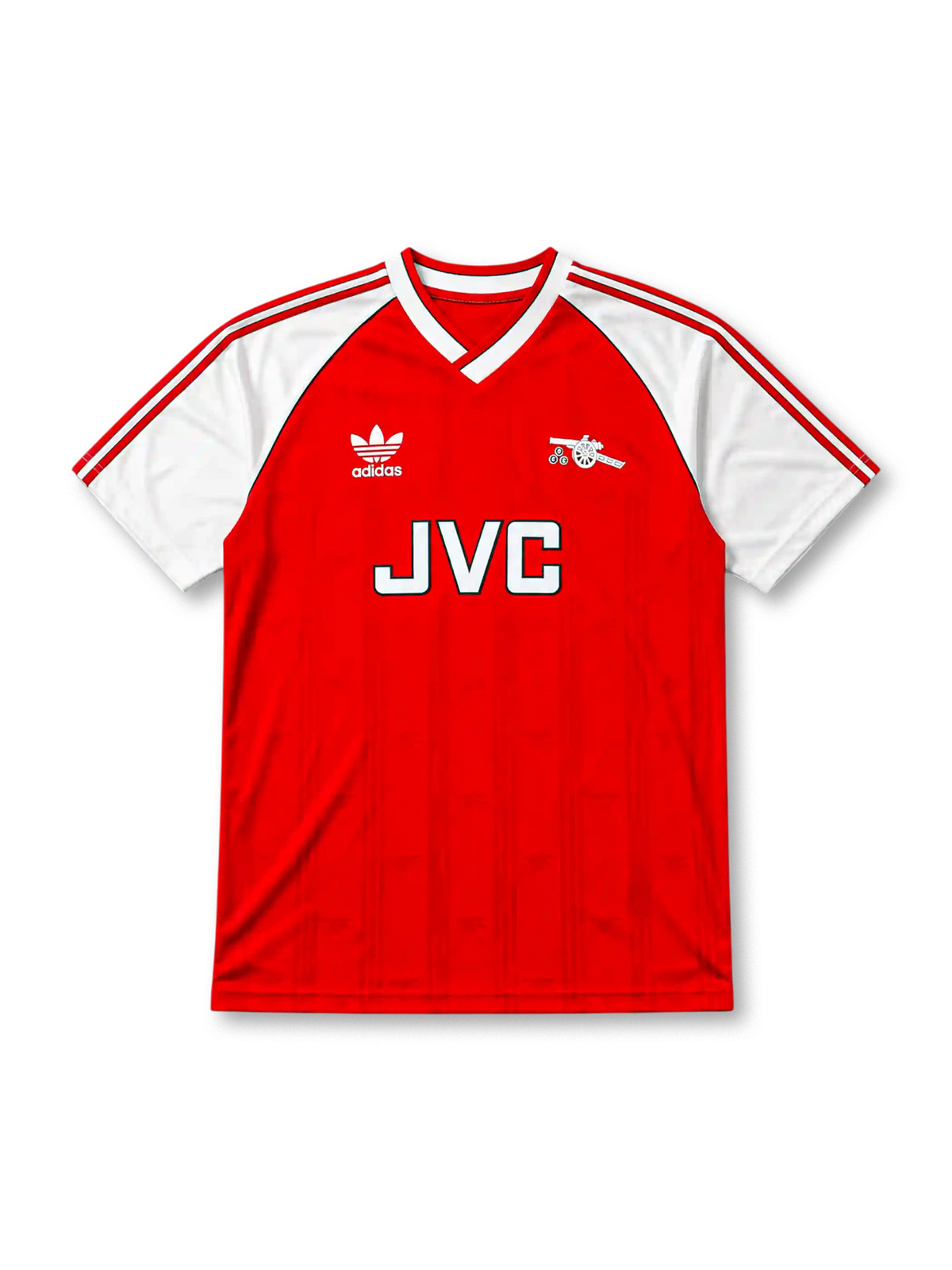 Arsenal 1988-90 home jersey, front view, red body with white raglan sleeves, adidas three-stripe sleeve trim, white V-neck collar with black inner trim, adidas trefoil logo, club cannon crest, JVC sponsor logo, striped cuffs