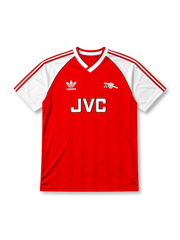 Arsenal 1988-90 home jersey, front view, red body with white raglan sleeves, adidas three-stripe sleeve trim, white V-neck collar with black inner trim, adidas trefoil logo, club cannon crest, JVC sponsor logo, striped cuffs