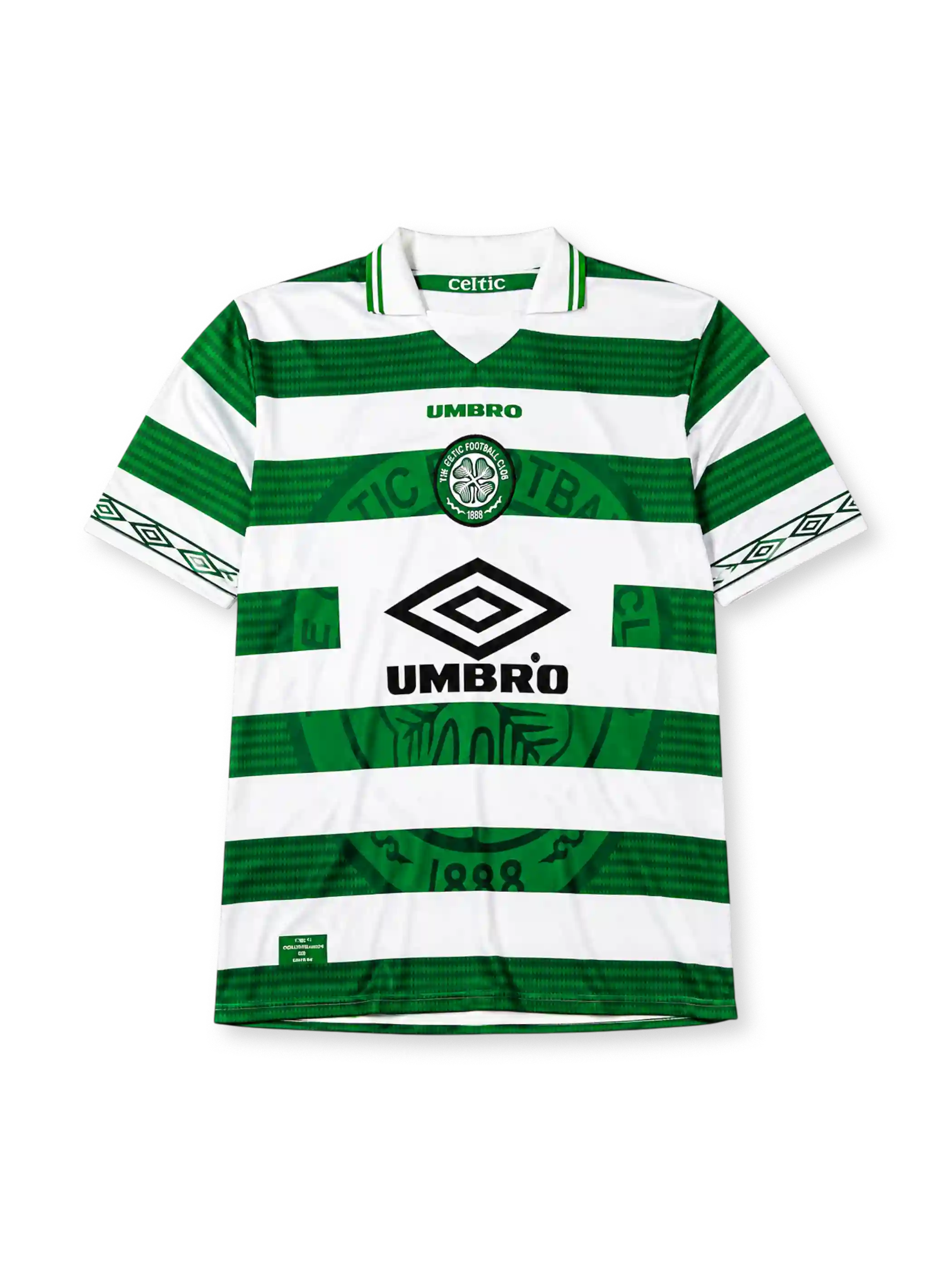 Celtic 1998-99 home jersey, front view, green and white hoops, tonal crest pattern, white collar with celtic wordmark, Umbro wordmark, club badge with 1888 text, large Umbro diamond logo, diamond-patterned cuffs