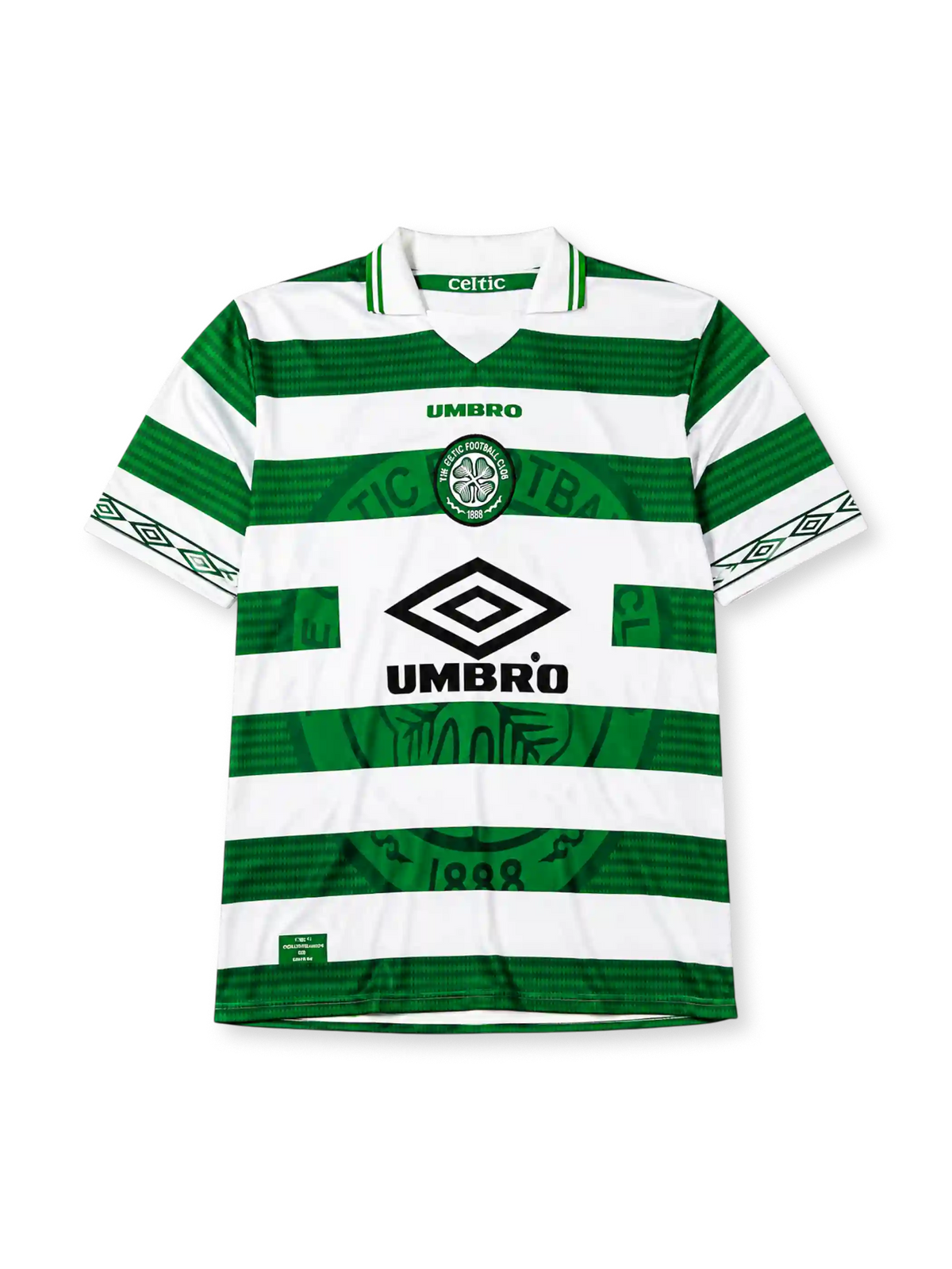 Celtic 1998-99 home jersey, front view, green and white hoops, tonal crest pattern, white collar with celtic wordmark, Umbro wordmark, club badge with 1888 text, large Umbro diamond logo, diamond-patterned cuffs