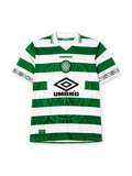 Celtic 1998-99 home jersey, front view, green and white hoops, tonal crest pattern, white collar with celtic wordmark, Umbro wordmark, club badge with 1888 text, large Umbro diamond logo, diamond-patterned cuffs