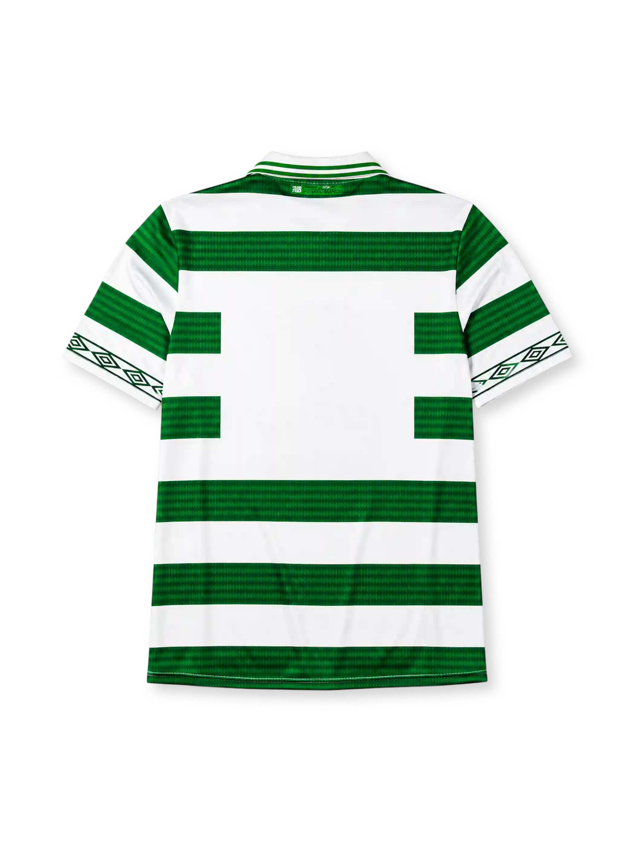 Celtic 1998-99 home jersey, front view, green and white hoops, tonal crest pattern, white collar with celtic wordmark, Umbro wordmark, club badge with 1888 text, large Umbro diamond logo, diamond-patterned cuffs