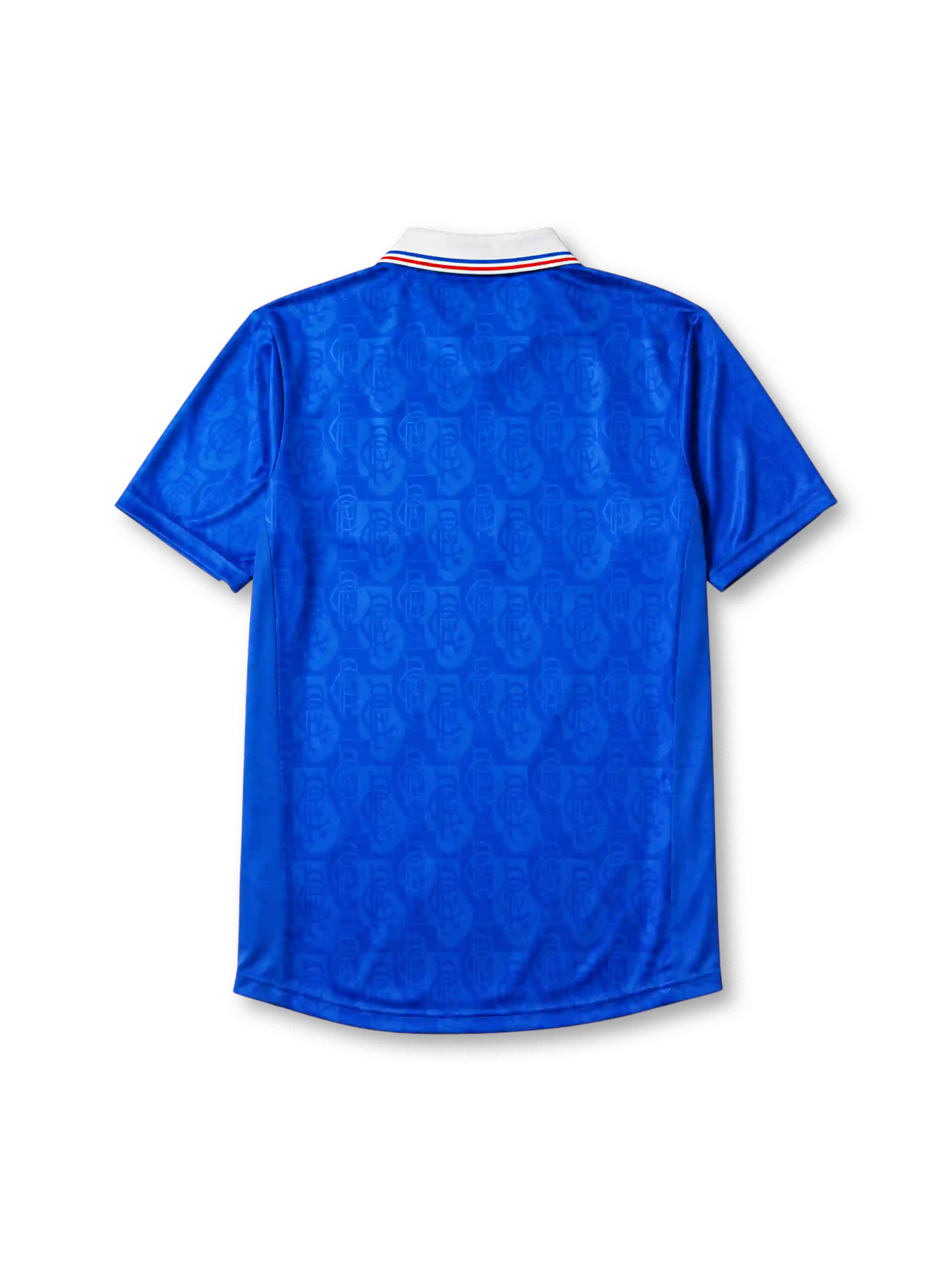Rangers 1996-97 home jersey, front view, royal blue body with tonal jacquard pattern, white and red shoulder stripes, white collar with red and blue trim, adidas Equipment logo, club crest, McEwan's Lager sponsor logo, commemorative badge