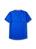 Rangers 1996-97 home jersey, front view, royal blue body with tonal jacquard pattern, white and red shoulder stripes, white collar with red and blue trim, adidas Equipment logo, club crest, McEwan's Lager sponsor logo, commemorative badge