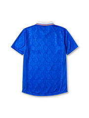 Rangers 1996-97 home jersey, front view, royal blue body with tonal jacquard pattern, white and red shoulder stripes, white collar with red and blue trim, adidas Equipment logo, club crest, McEwan's Lager sponsor logo, commemorative badge