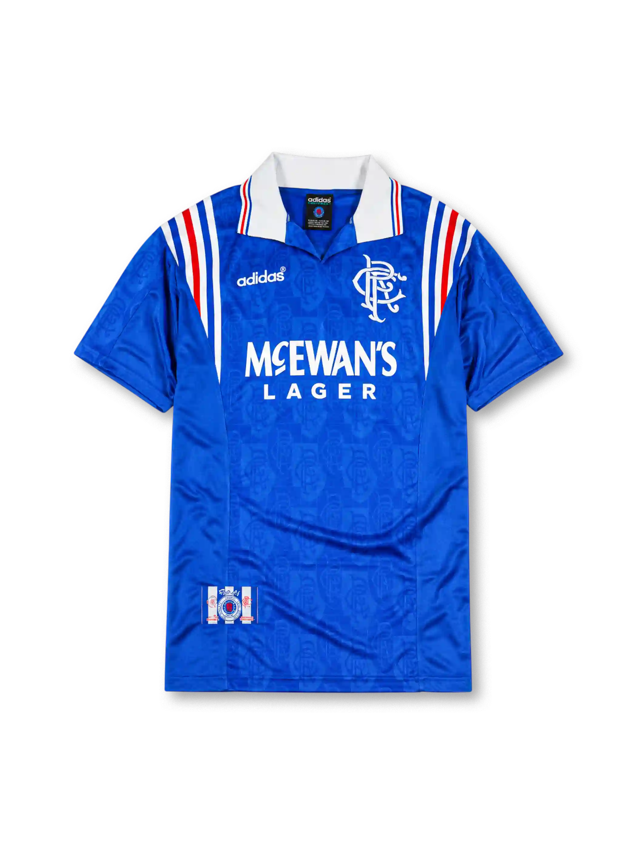 Rangers 1996-97 home jersey, front view, royal blue body with tonal jacquard pattern, white and red shoulder stripes, white collar with red and blue trim, adidas Equipment logo, club crest, McEwan's Lager sponsor logo, commemorative badge