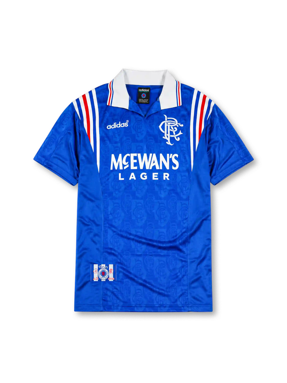 Rangers 1996-97 home jersey, front view, royal blue body with tonal jacquard pattern, white and red shoulder stripes, white collar with red and blue trim, adidas Equipment logo, club crest, McEwan's Lager sponsor logo, commemorative badge