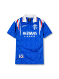 Rangers 1996-97 home jersey, front view, royal blue body with tonal jacquard pattern, white and red shoulder stripes, white collar with red and blue trim, adidas Equipment logo, club crest, McEwan's Lager sponsor logo, commemorative badge