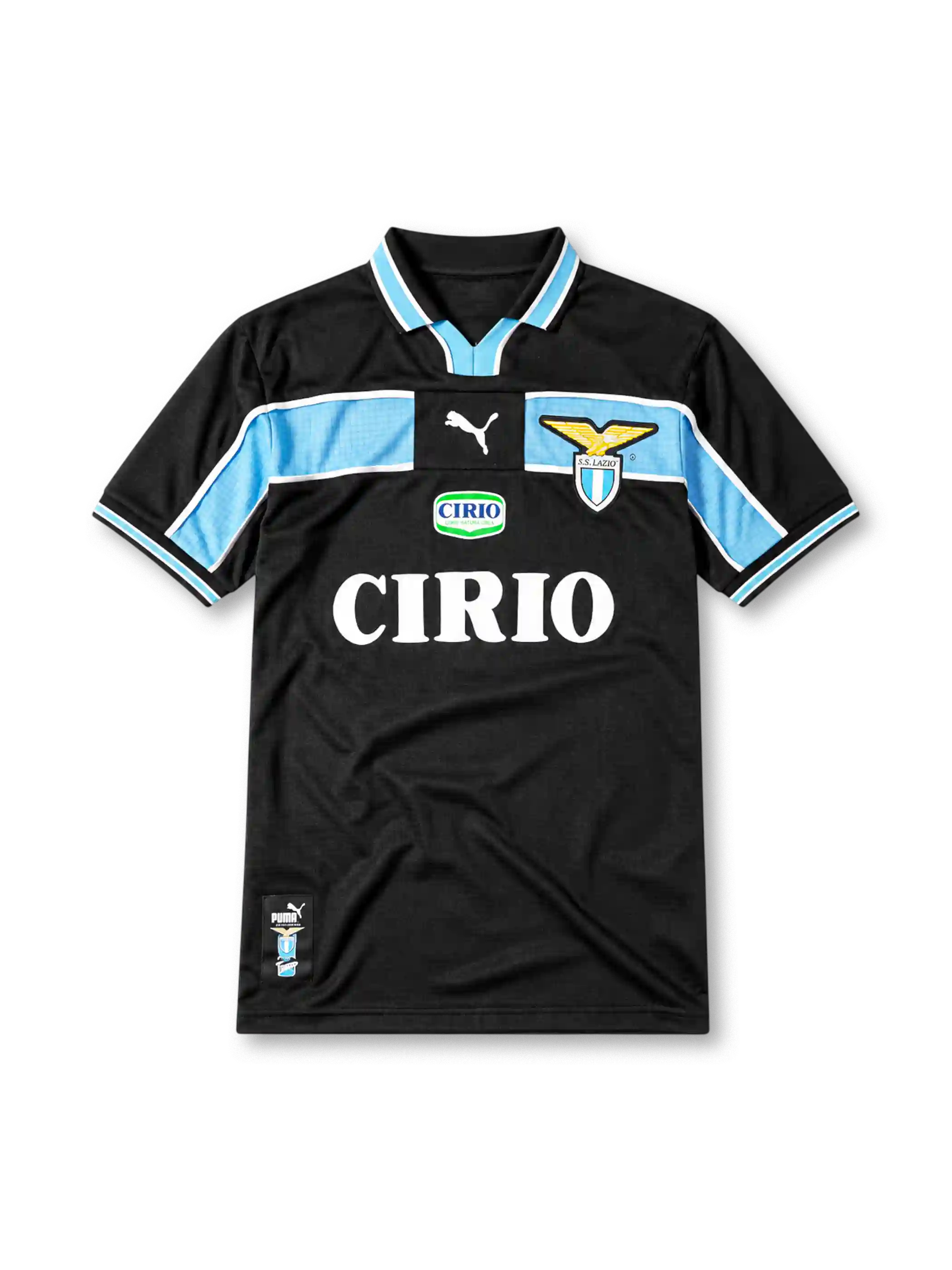 Lazio 1998-99 away jersey, front view, black body with sky blue chest and sleeve panel, striped V-neck collar, Puma logo, club eagle crest, CIRIO sponsor logo, striped cuffs