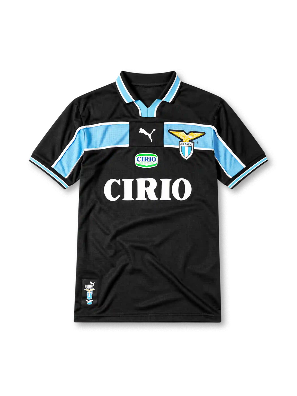 Lazio 1998-99 away jersey, front view, black body with sky blue chest and sleeve panel, striped V-neck collar, Puma logo, club eagle crest, CIRIO sponsor logo, striped cuffs