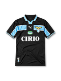 Lazio 1998-99 away jersey, front view, black body with sky blue chest and sleeve panel, striped V-neck collar, Puma logo, club eagle crest, CIRIO sponsor logo, striped cuffs