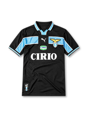 Lazio 1998-99 away jersey, front view, black body with sky blue chest and sleeve panel, striped V-neck collar, Puma logo, club eagle crest, CIRIO sponsor logo, striped cuffs