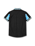 Lazio 1998-99 away jersey, front view, black body with sky blue chest and sleeve panel, striped V-neck collar, Puma logo, club eagle crest, CIRIO sponsor logo, striped cuffs